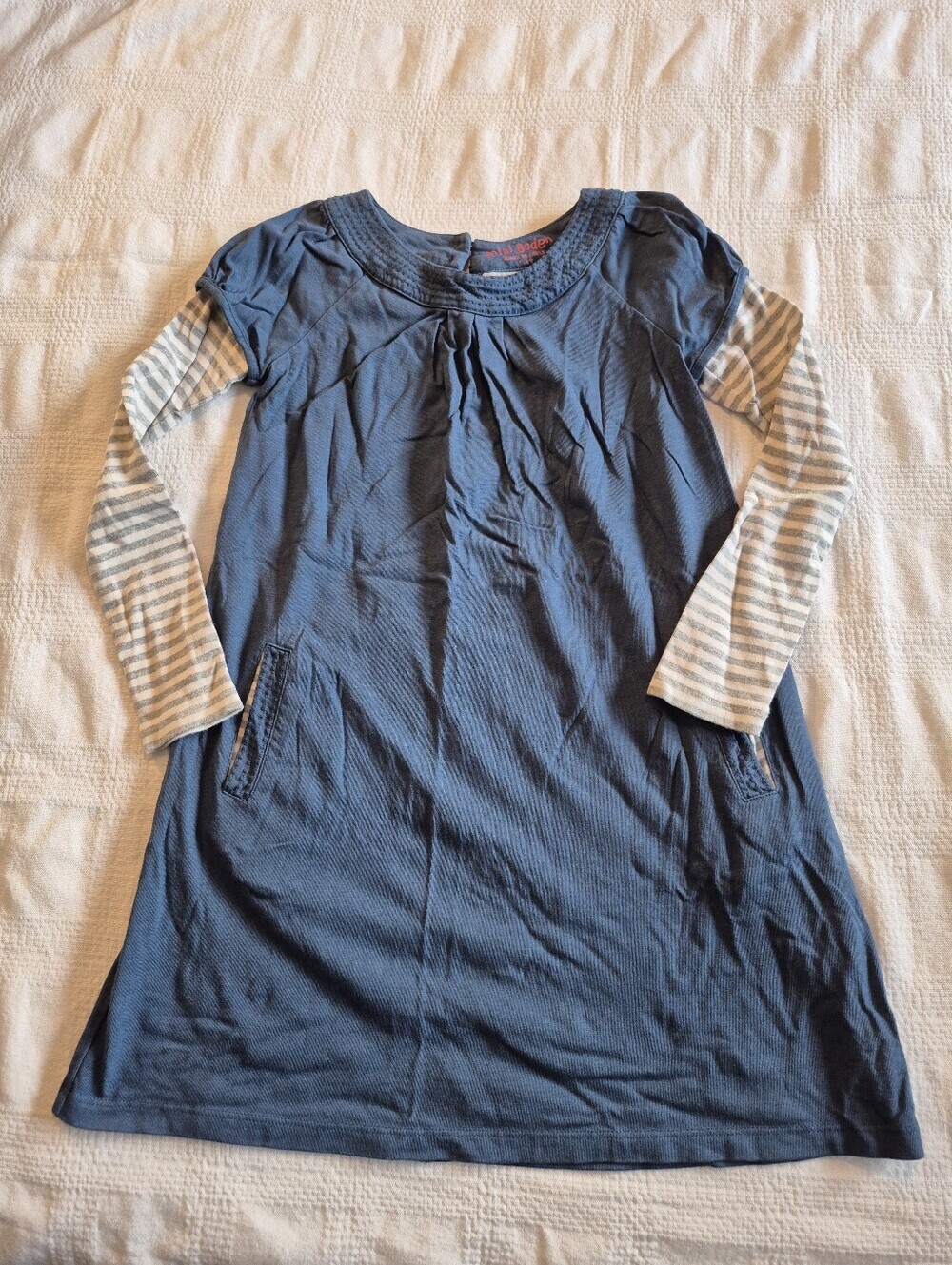 Mini Boden girls 7-8 years blue shirt dress long striped sleeves, pockets VGUC